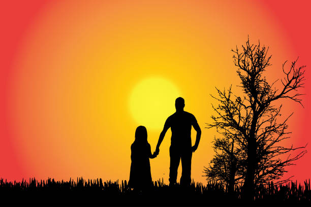 Vector silhouette of a family. Vector silhouette of a family in the countryside at sunset. father daughter stock illustrations
