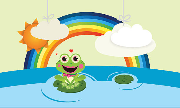 Rainbow with frog and clouds vector art illustration