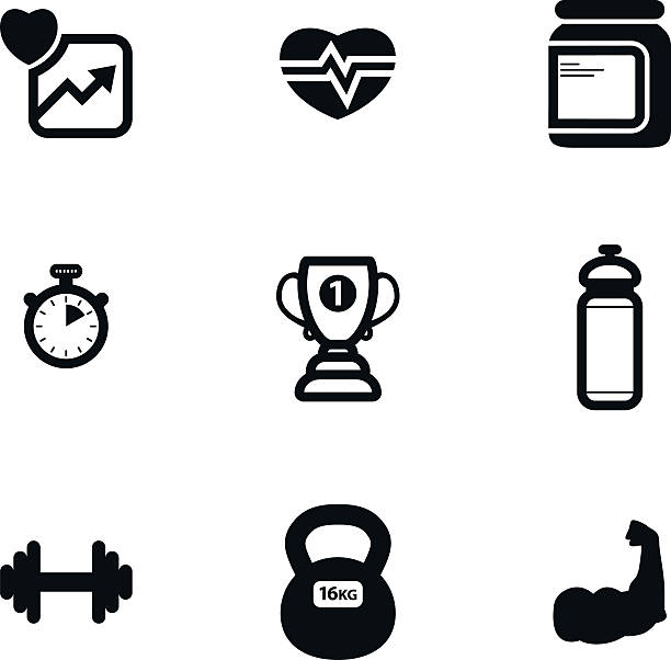ilustraciones, imágenes clip art, dibujos animados e iconos de stock de conjunto de iconos de vector fitness negro - stopwatch clipboard exam vector