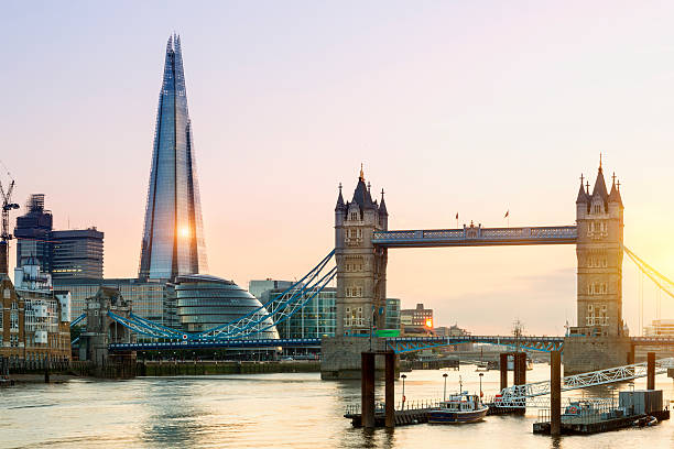 London, Shard London Bridge and Tower Bridge at Sunset stock photo