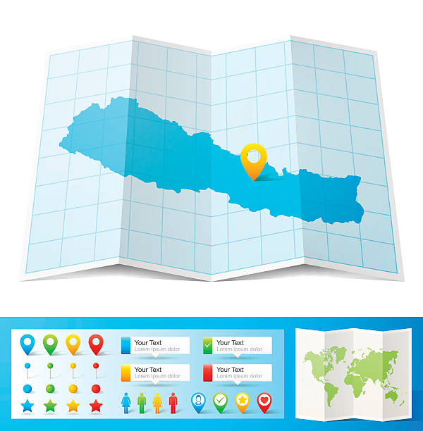 Nepal Map with location pins isolated on white Background Map of Nepal folded with design elements, isolated on white background. kathmandu people stock illustrations