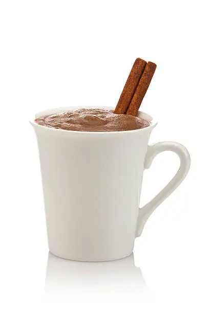 Photo of Hot chocolate mug with cinnamon sticks against white backdrop