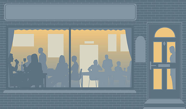 Restaurant window Editable vector illustration of people eating through a restaurant window busy restaurant tables stock illustrations