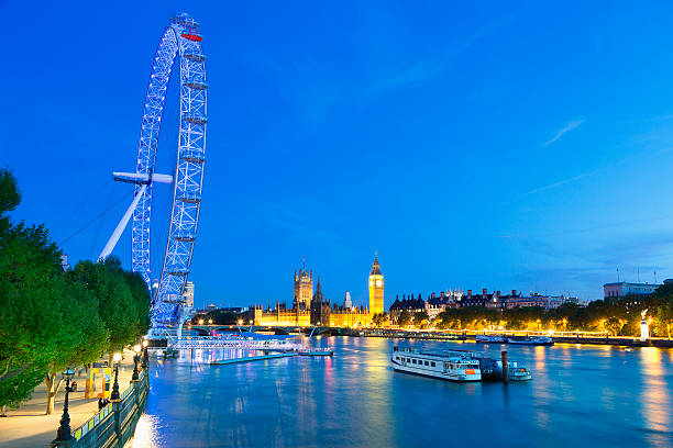 London Eye, Big Ben and Houses of Parliament at Dusk stock photo