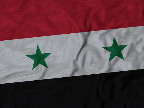 Closeup of Ruffled Syria flag, Fabric Ruffled Flag Background.