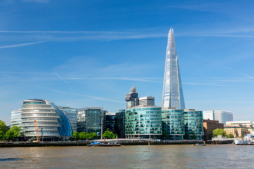 City Hall, The Shard and HMS Belfast on the River Thames.