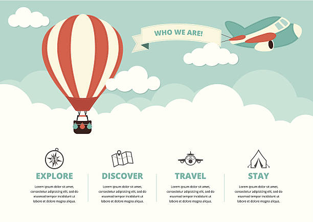 website-layout mit reisen symbole - hot air balloon illustrations stock-grafiken, -clipart, -cartoons und -symbole