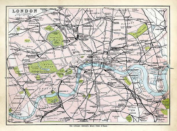 Antique map of London Antique map of London, England, 1891 london england illustrations stock illustrations