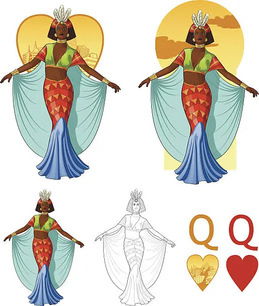 Vector illustration of Queen of hearts afroamerican actress Mafia card set