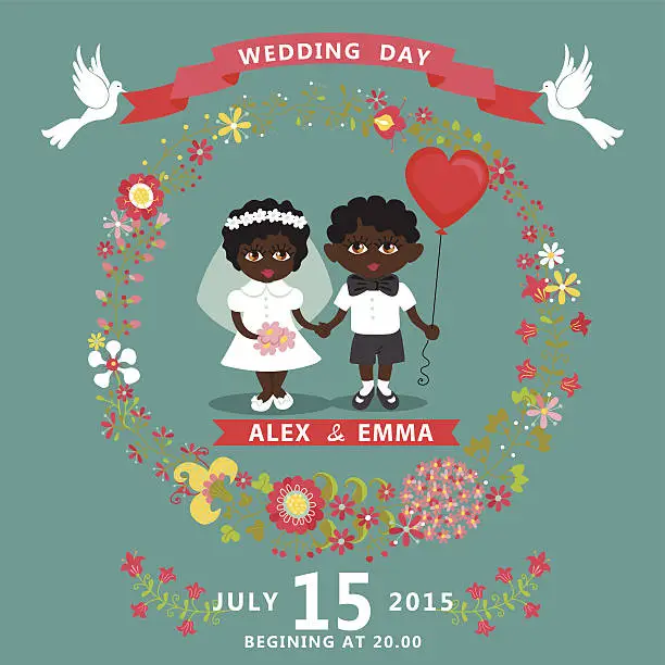 Vector illustration of Wedding invitation with baby Bride,groom,floral wreath
