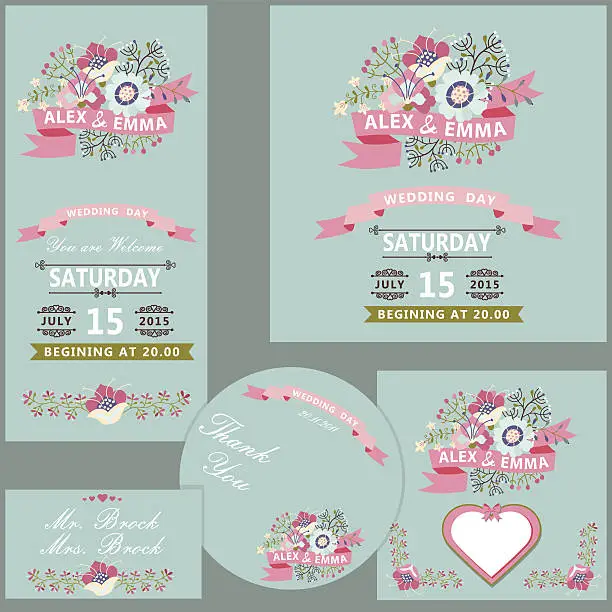 Vector illustration of Cute wedding design  template set with flowers