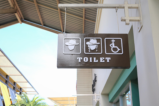 Wood sign toilet gentle gender and disabled.
