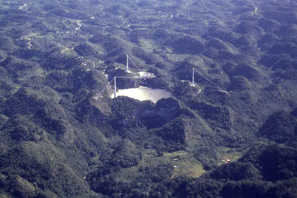 Renowned observatory and research center with 1,000-foot-wide radio telescope in Arecibo Puerto Rico in the midst of a unique karst limestone landscape also known as Pepino Hills