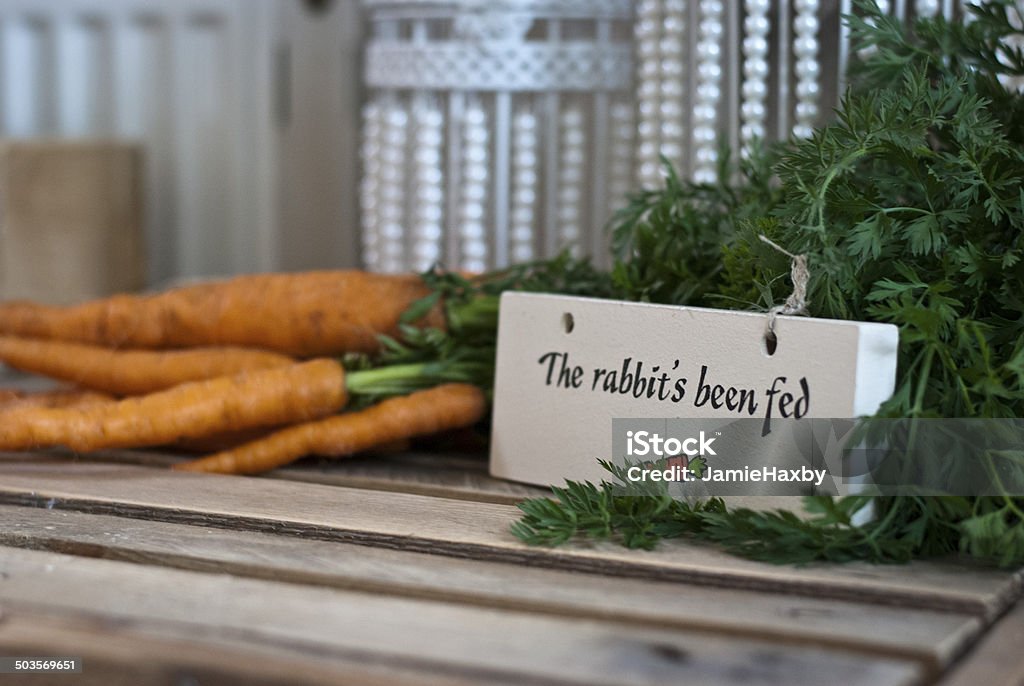 'The Rabbits Been Fed' A photograph of a sign stating 'The Rabbits Been Fed' next to a large bunch of fresh carrots compete with tops.' Animal Stock Photo