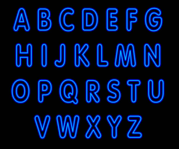 Blue neon capital alphabet on black background