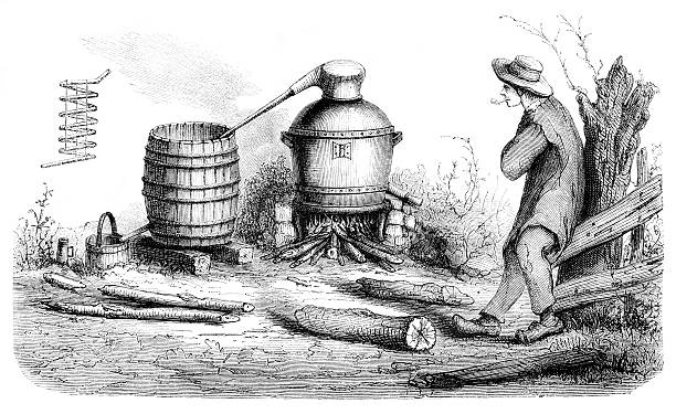 mann destillieren von alkohol in ländlichen szenerie 1865 - engraving rural scene engraved image men stock-grafiken, -clipart, -cartoons und -symbole