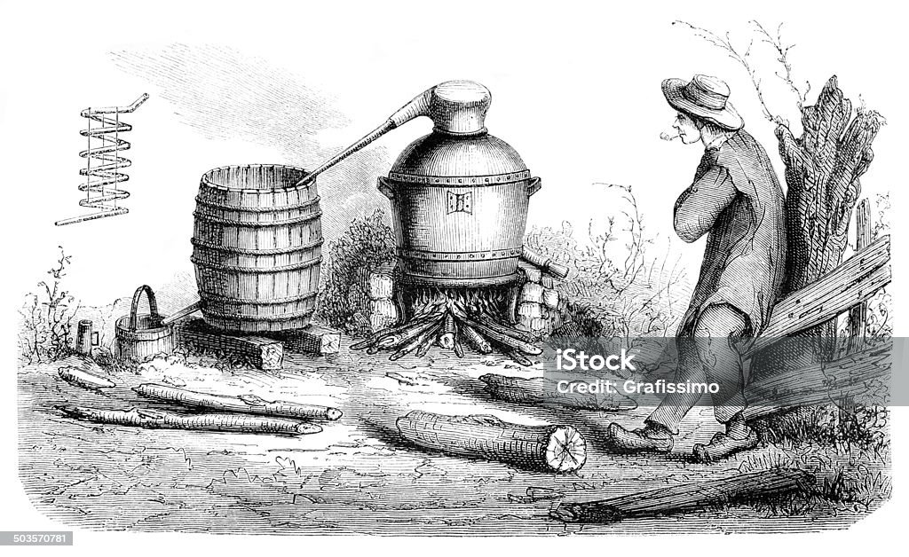 Man distilling alcohol in rural scene 1865 http://farm6.static.flickr.com/5061/5610114950_0474810373.jpg Cognac Region stock illustration