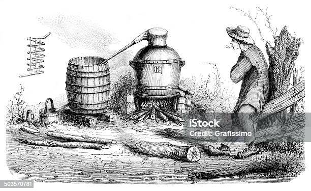 Man Distilling Alcohol In Rural Scene 1865 Stock Illustration - Download Image Now - Cognac Region, Etching, Vodka