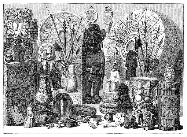 Archaeological artefacts in mexican museum Steel engraving of archaeological artefacts in mexican museum inca stock illustrations