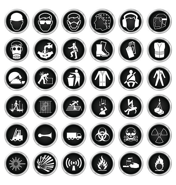 Health and Safety and hazard Icon collection Black and white construction manufacturing and engineering health and safety related icon collection isolated on white background  protective eyewear stock illustrations