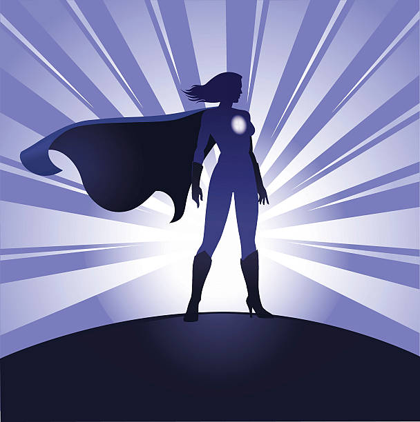 illustrazioni stock, clip art, cartoni animati e icone di tendenza di supereroe silhouette donna con sfondo di raggi - valiant
