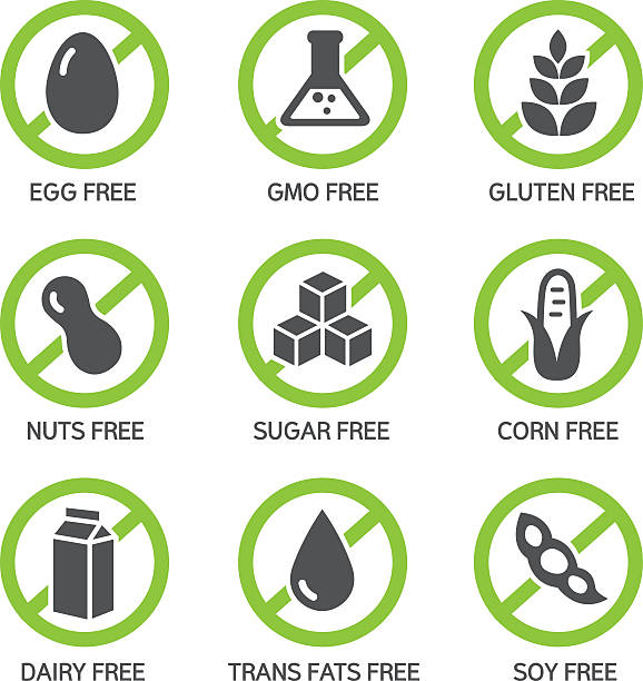 Allergens Icons Set of food labels - allergens, GMO free products. pollen stock illustrations