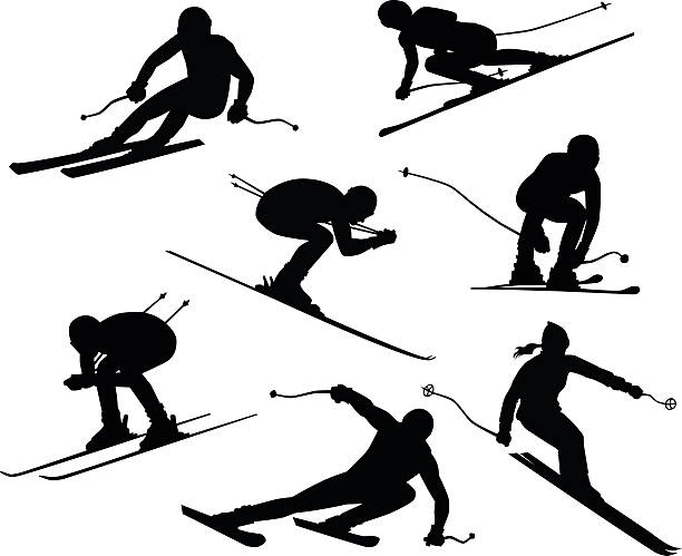 sieben skifahrer silhouetten - abfahrtslauf stock-grafiken, -clipart, -cartoons und -symbole