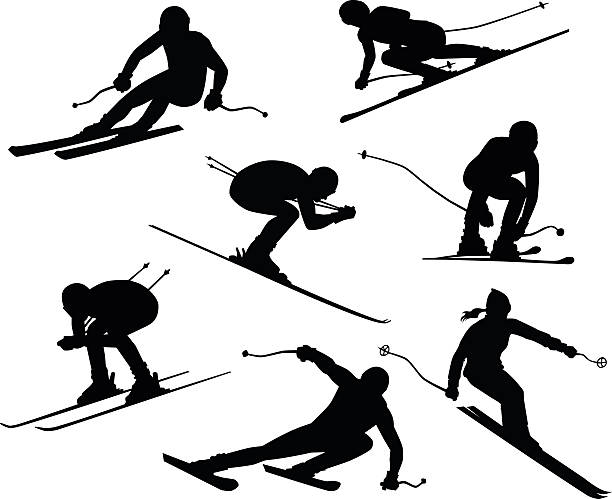 illustrazioni stock, clip art, cartoni animati e icone di tendenza di sette sciatori silhouette - downhill skiing