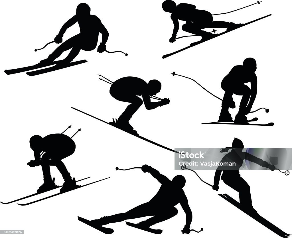 Seven Skiers Silhouettes All images are placed on separate layers. They can be removed or altered if you need to. No gradients were used. No transparencies.  Skiing stock vector