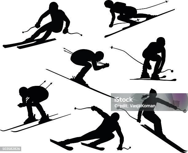 Seven Skiers Silhouettes Stock Illustration - Download Image Now - Skiing, In Silhouette, Outline