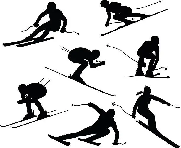 Vector illustration of Seven Skiers Silhouettes