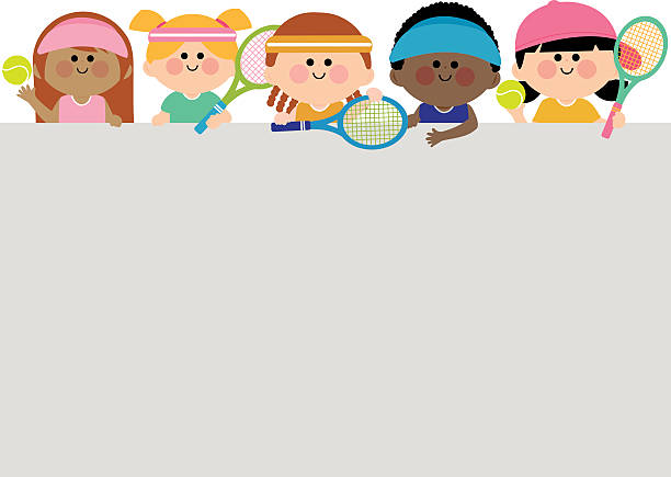 illustrazioni stock, clip art, cartoni animati e icone di tendenza di vuoto banner orizzontali e bambini i giocatori di tennis. - tennis child sport cartoon