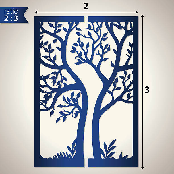 Cut out paper card with tree Two Fold wedding invitation template with tree. Suitable for laser cutting. Cutout wedding invitation with tree silhouette. tree cutting silhouette stock illustrations