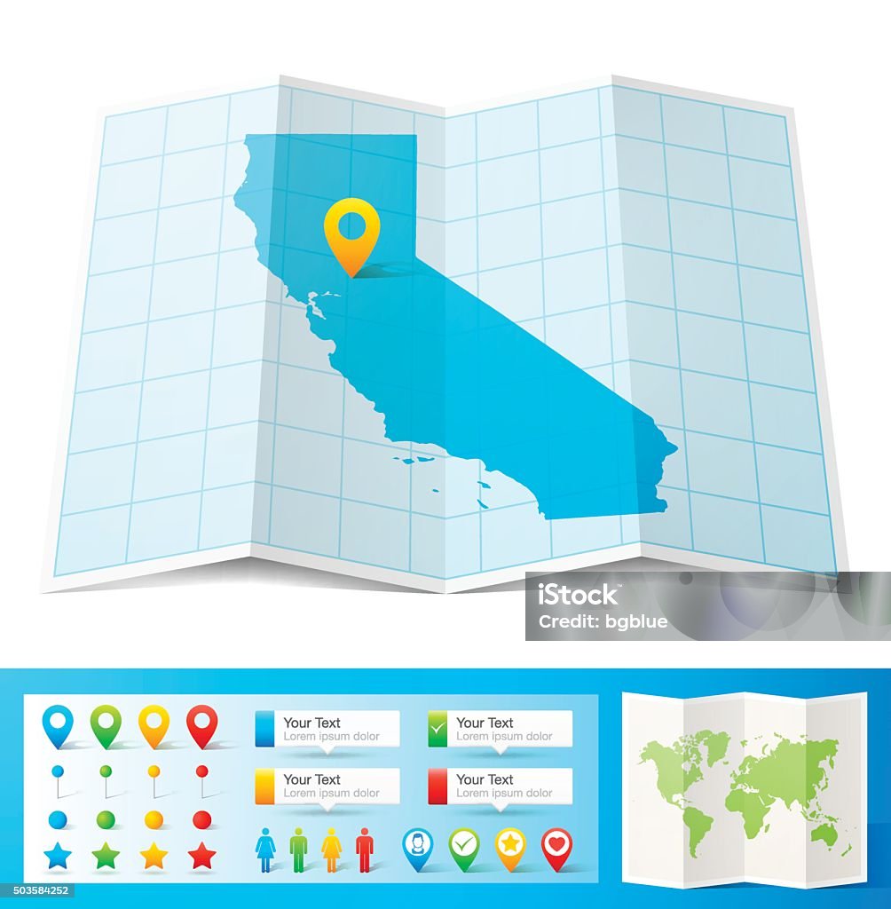 California Map with location pins isolated on white Background Map of California folded with design elements, isolated on white background. You Are Here stock vector