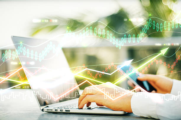 istock Double explosure with working businessman and business chart 503584324
