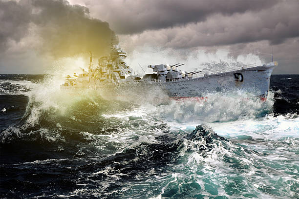 istock Warship sailing in a stormy sea 503585048