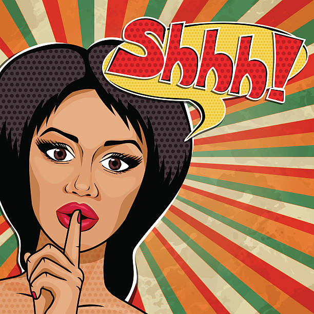 illustrazioni stock, clip art, cartoni animati e icone di tendenza di pop-arte vettoriale afro-americana donna mostrando shh, fumetti di stile - finger on lips silence women symbol