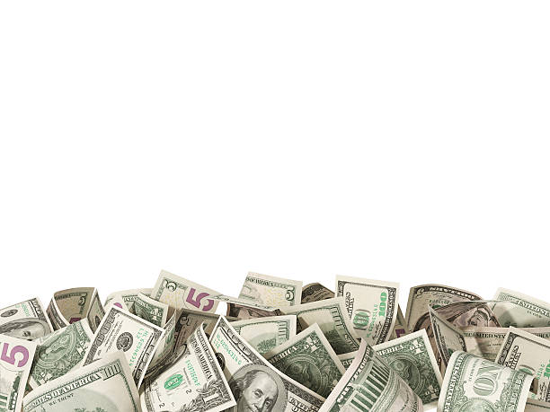 Heap of 1,5, 100 Dollar Bills on white background stock photo