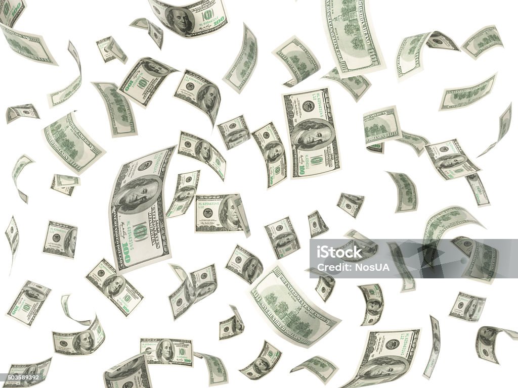 100 dollar bills flying on white background Falling Stock Photo