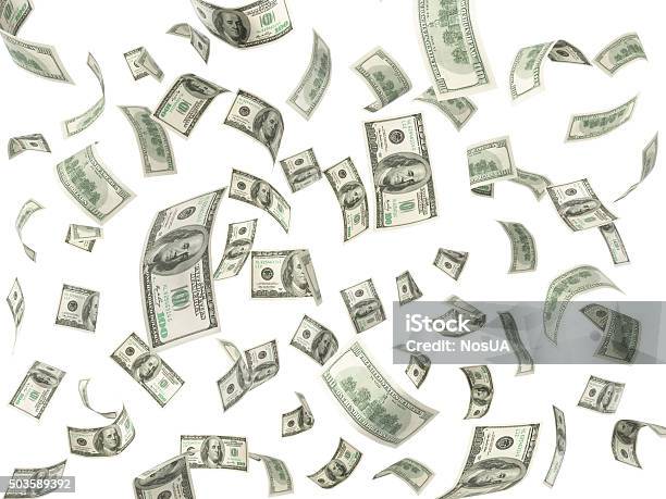 100 Dollar Bills Flying On White Background Stock Photo - Download Image Now - Falling, Currency, Flying