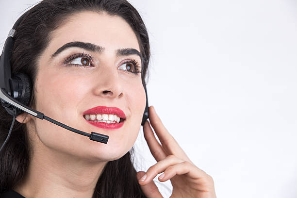 istock Portrait of happy smiling female customer support phone operator 503590100