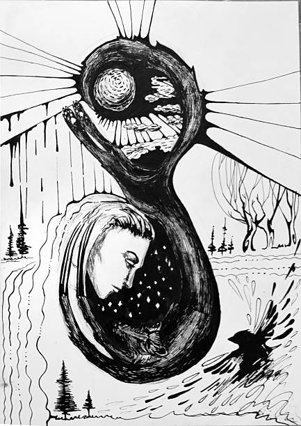 istock Black and white abstract  woman wolf and sun, black Raven. 503592986