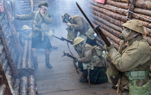 Belorado, Spain - December 14, 2013: Madrid based Imperial Service reenactment group crew shows how is life in a World War I trench on December 14, 2013 in Belorado, Burgos, Spain. This trench system, adjacent to the Museo Internacional de Radiotrasmision Inocencio Bocanegra in Belorado, is the scenery for the Primer Living History Primera Guerra Mundial Museo Internacional de Radiotransmision Inocencio Bocanegra.