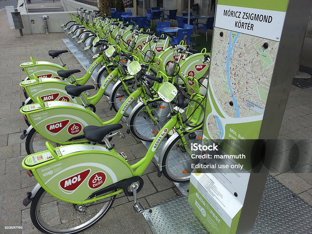 MOL Bubi rent a bike, Budapest, Hungary Budapest, Hungary - July 26, 2014: MOL Bubi is a public bicycle rental scheme which is planned to operate in the city of Budapest in 2014 - at the moment it is still in test run phase. Bicycle Stock Photo