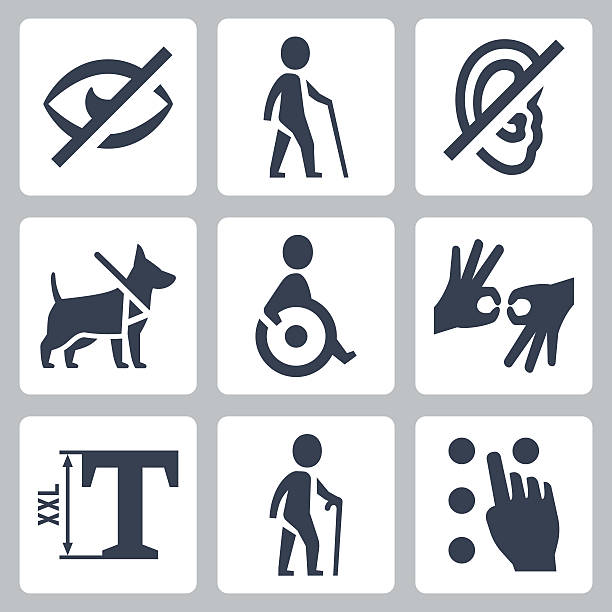 ilustraciones, imágenes clip art, dibujos animados e iconos de stock de conjunto de iconos de vector releated para personas con discapacidades - perro adiestrado