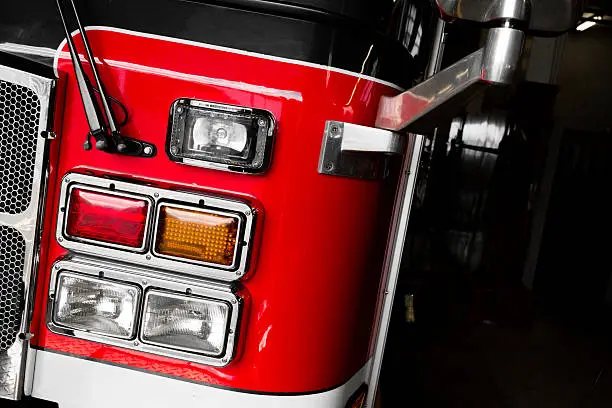 Red Firetruck Details of the Front and Lights