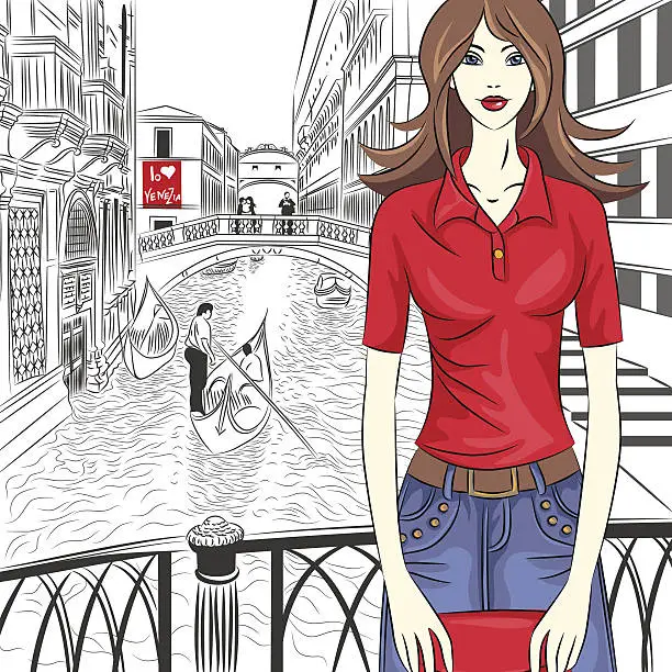 Vector illustration of Vector lovely fashion girl on a Venice background