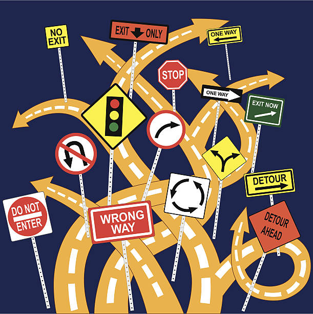 ilustrações, clipart, desenhos animados e ícones de confusão - contrasts road sign confusion street