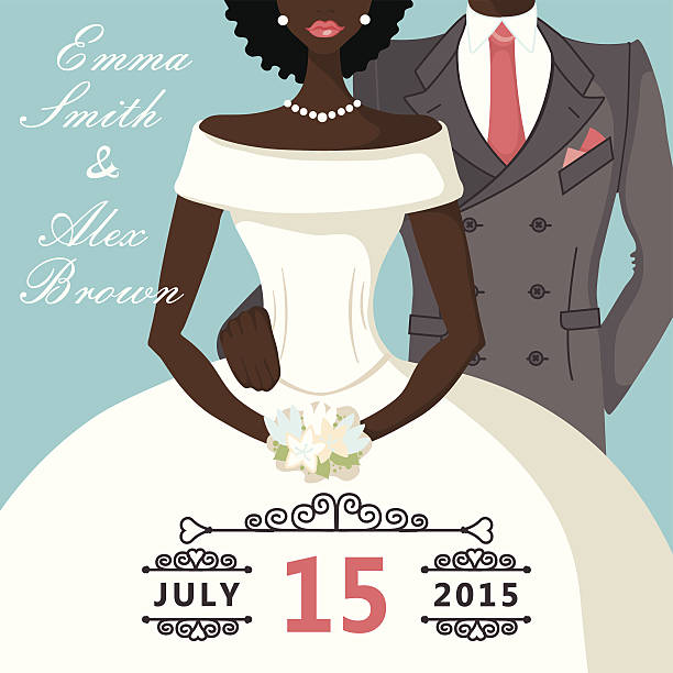 Cute cartoon bride and groom.Retro Wedding invitation The wedding invitation with Cartoon bride and groom.Portrait couples.Retro  design template.The vector. african bride and groom stock illustrations