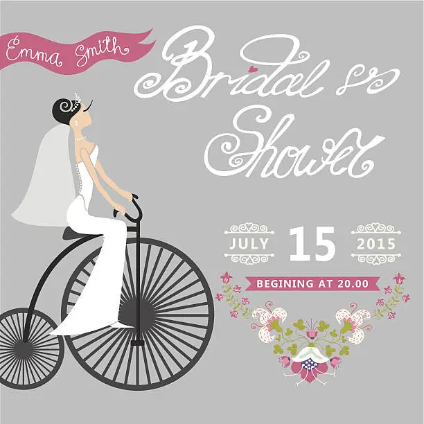 Vector illustration of Bridal Shower.Wedding invitation with floral border,retro bicycl